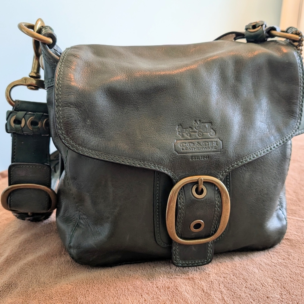 Coach Dark Hunter Green Leather Messenger Style Shoulder Bag Gorgeous Condition